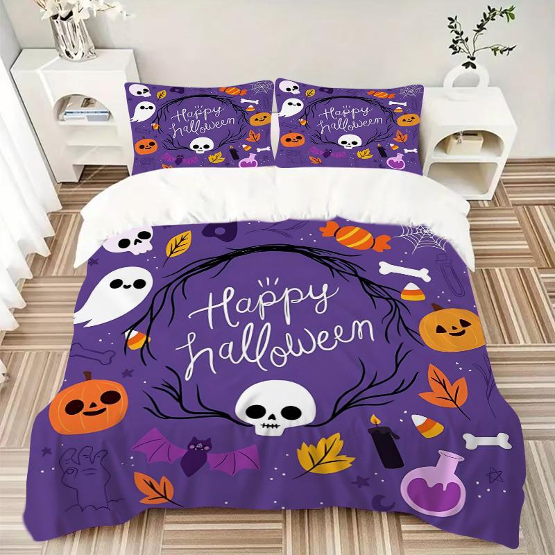 3 stuks Happy Halloween Schattig Pompoen Geest Schedel Patroon Beddengoed Drie-delige Set (1 Dekbedovertrek + 2 Kussenslopen, Zonder Vulling), Dit Beddengoed met Print S