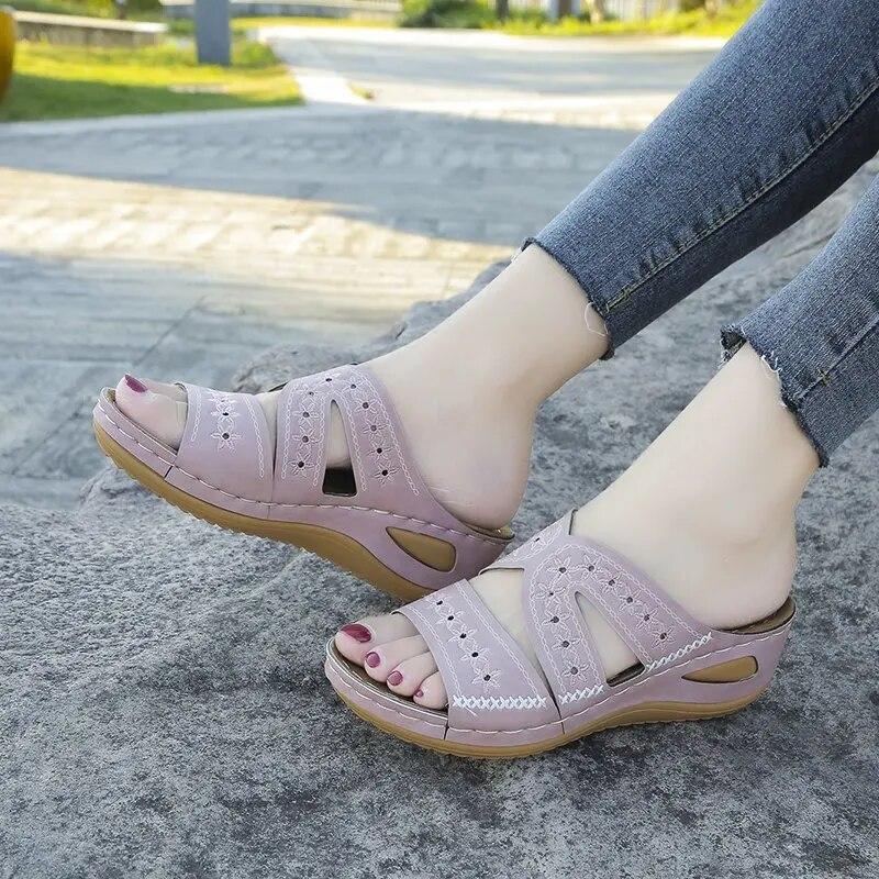 Wedge Ladies Sandals Vintage Slippers for Women Orthopedic Anti-slip Open Toe Sandals Thick Bottom Female Platform Retro Shoes