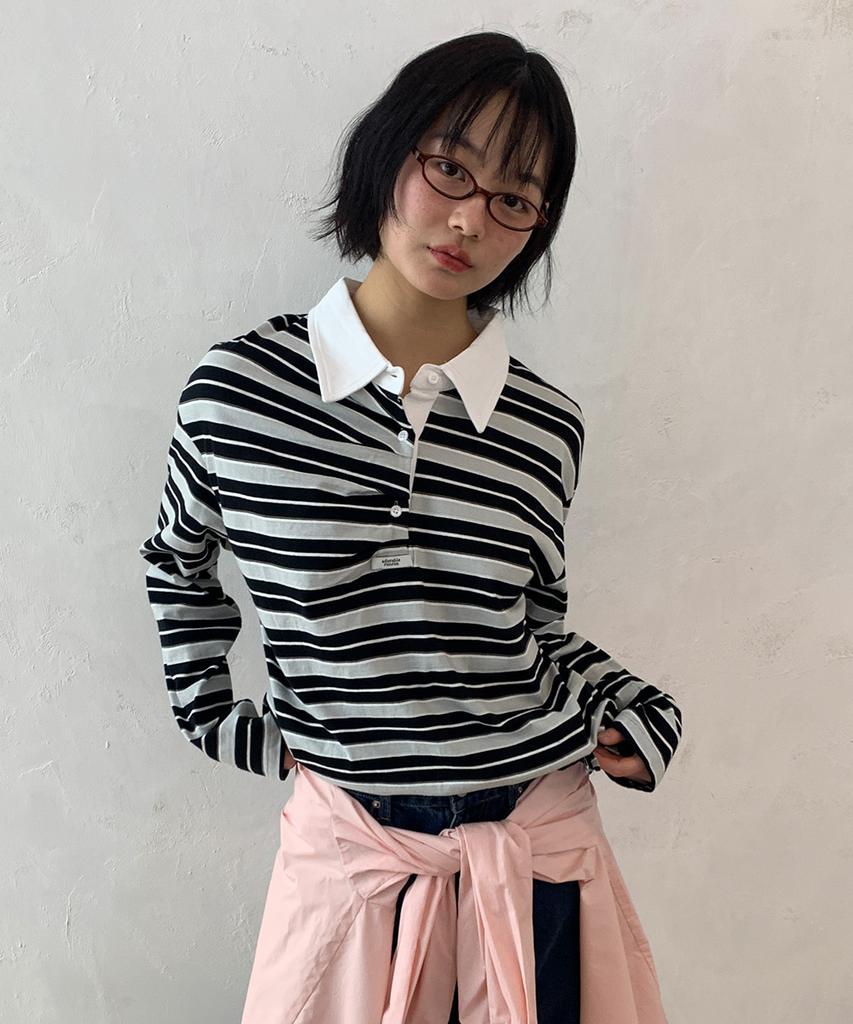 RONRON Double Shirring Stripe Collar Long Sleeve Black