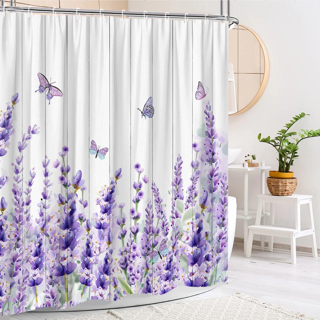 Blumen Duschvorhang Lila Lavendel Bauernhof Grün Blatt Schmetterling Rustikal Holzpaneel Modern Polyesterstoff Badezimmer Dekor Vorhang
