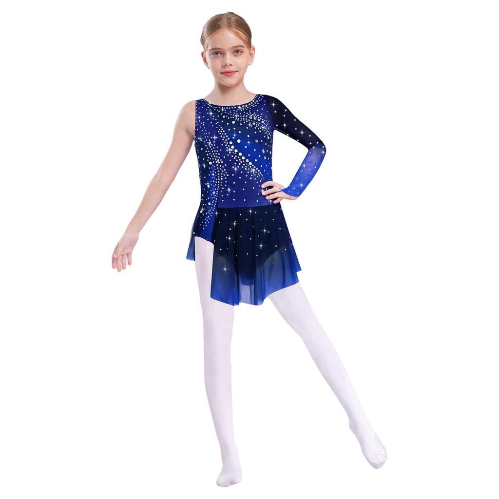 Kids Figure Skating Dress - Rhythmic Gymnastics Costume with Round Neck, Asymmetrical Split & Rhinestone Details