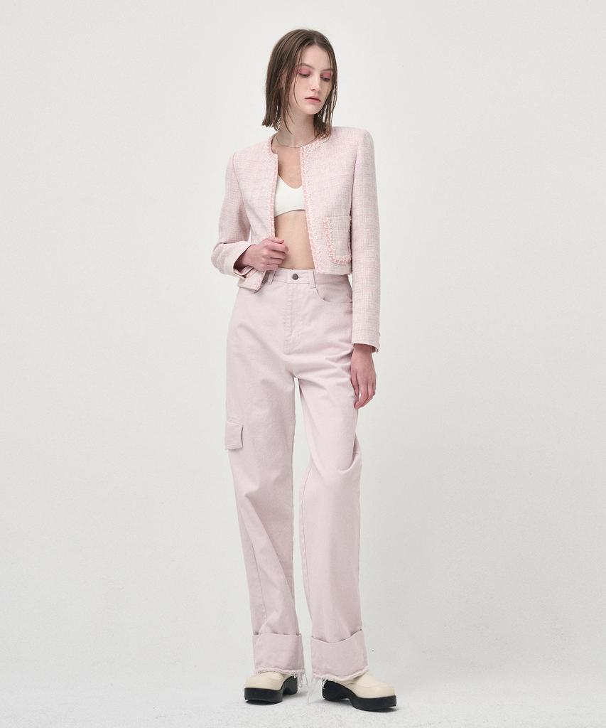 ETMON Pocket Denim Turn Up Pants, Pink