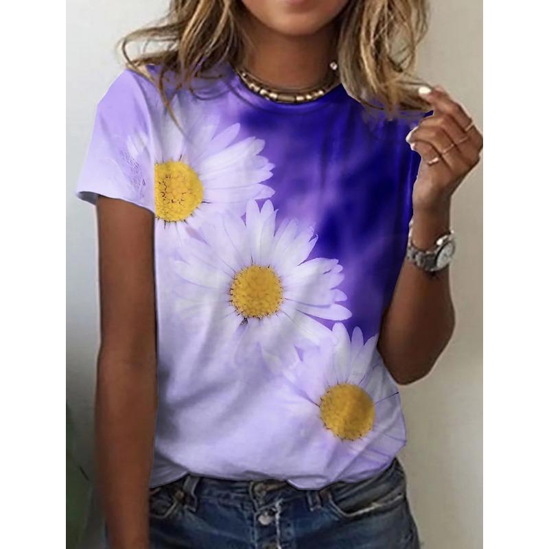 Women's 3D Summer Personalized Fresh Flower Printed Round Neck Flower Painting Short Sleeve T-shirt