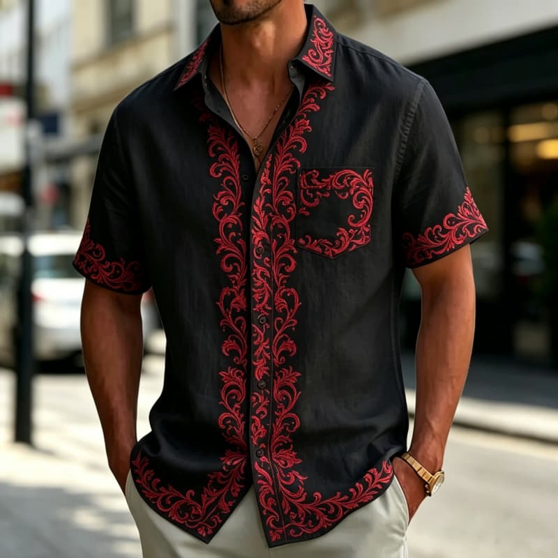 Men's Floral Print Short Sleeved Shirt With Pockets, Fresh And Elegant, Suitable For Simple Street Wear And Daily Leisure