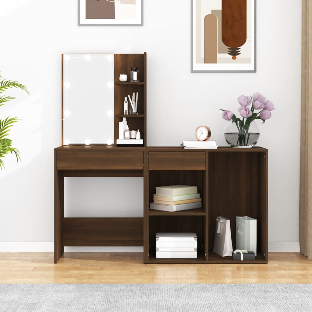 Vidaxl Dressing Table With LED Lighting And Cabinet, Brown Oak