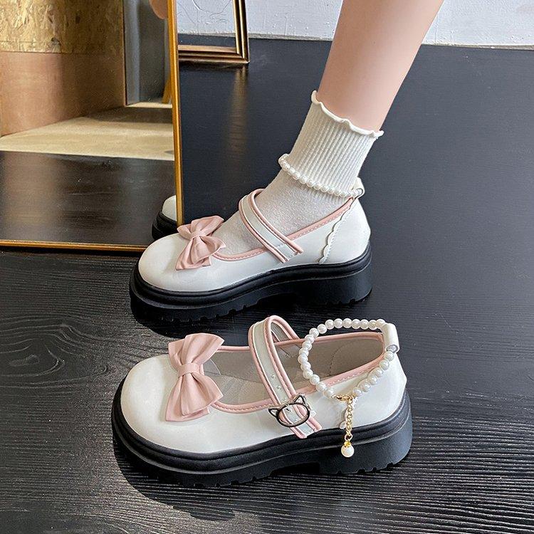 Scarpe Kawaii Lolita da Donna Stile Giapponese Vintage Scarpe a Punta Comode Piattaforma con Tacco Alto Testa Rotonda per Ragazze Studentesse Fiocco di Perle
