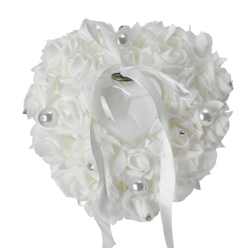 Wedding Ring Bearer Pillow Cushion Romantic Ivory Satin Crystal Ring Pillow Heart Shape for Engagement Propose Marriage Decor