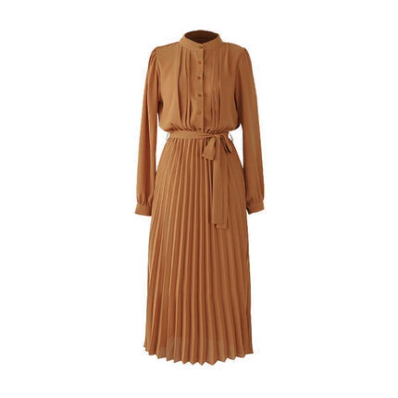 Robe à manches longues Printemps et Automne Nouvelle Taille ajustée et Mince Tempérament Jupe plissée