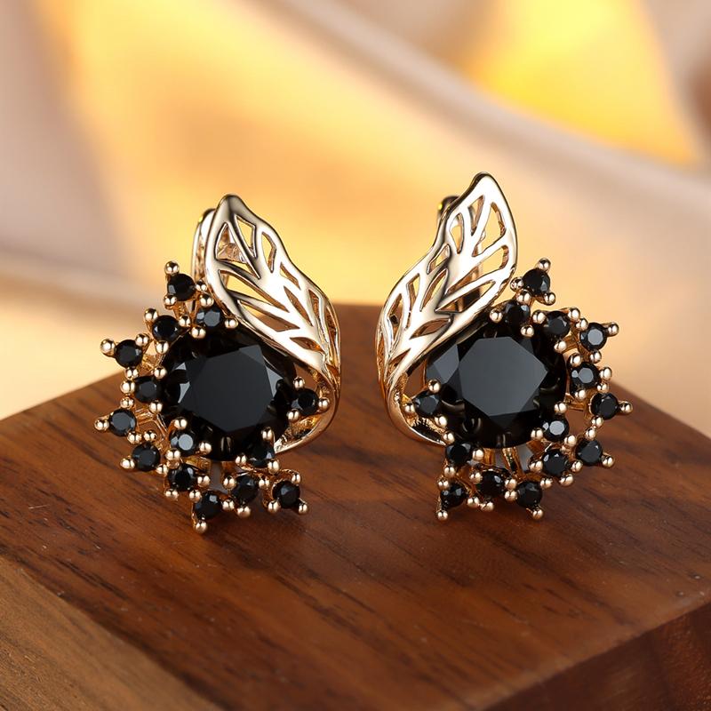 Bohemian Leaf Flower Black Zircon Hoop Earrings for Women Luxury Gold Color Wedding Jewelry