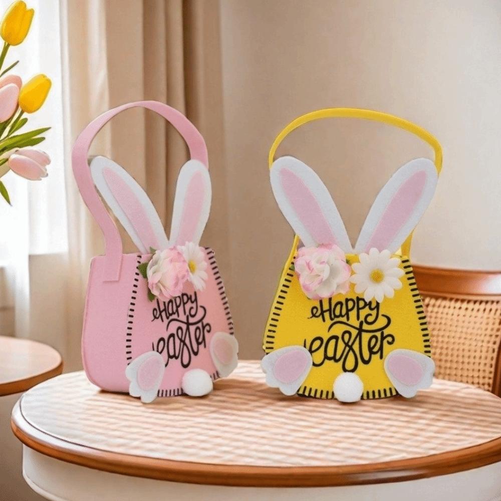 Rabbit Ear Easter Tote Bag Flowers Decoration Portable Storage Tote Cloth with Handles Easter Basket Spring Festival