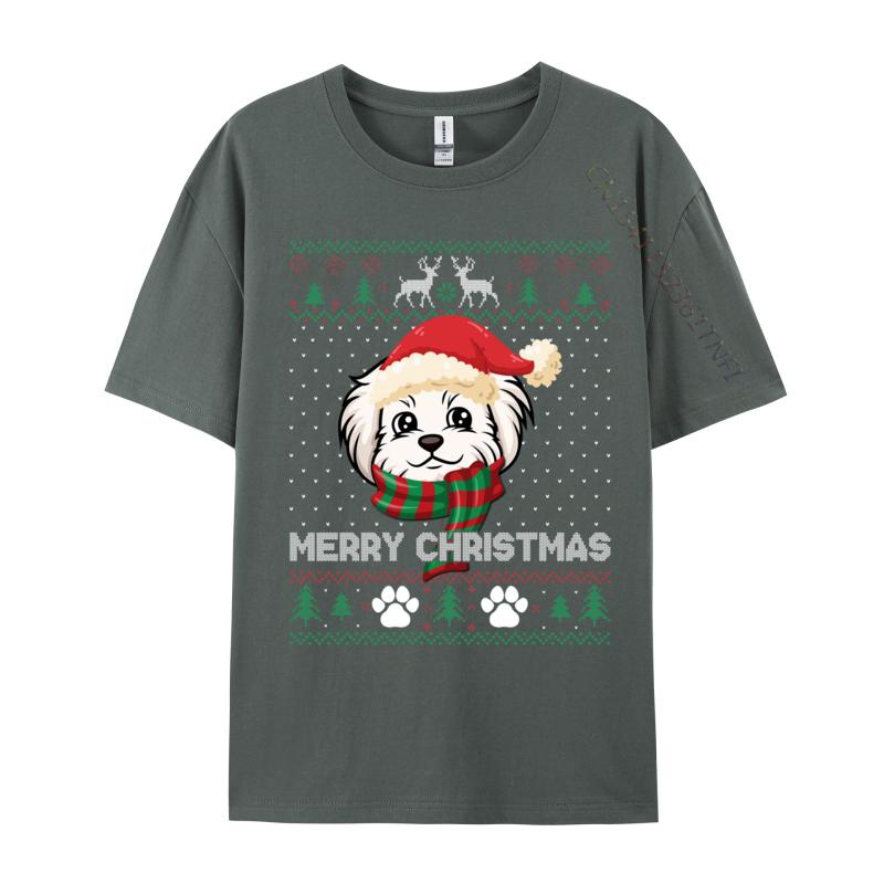 Merry Christmas Ugly Xmas Shirt Dog Santa Hat Maltese Lover TShirt Printing Short Sleeve Cotton Fabric ONeck Unisexs Tops Shirt