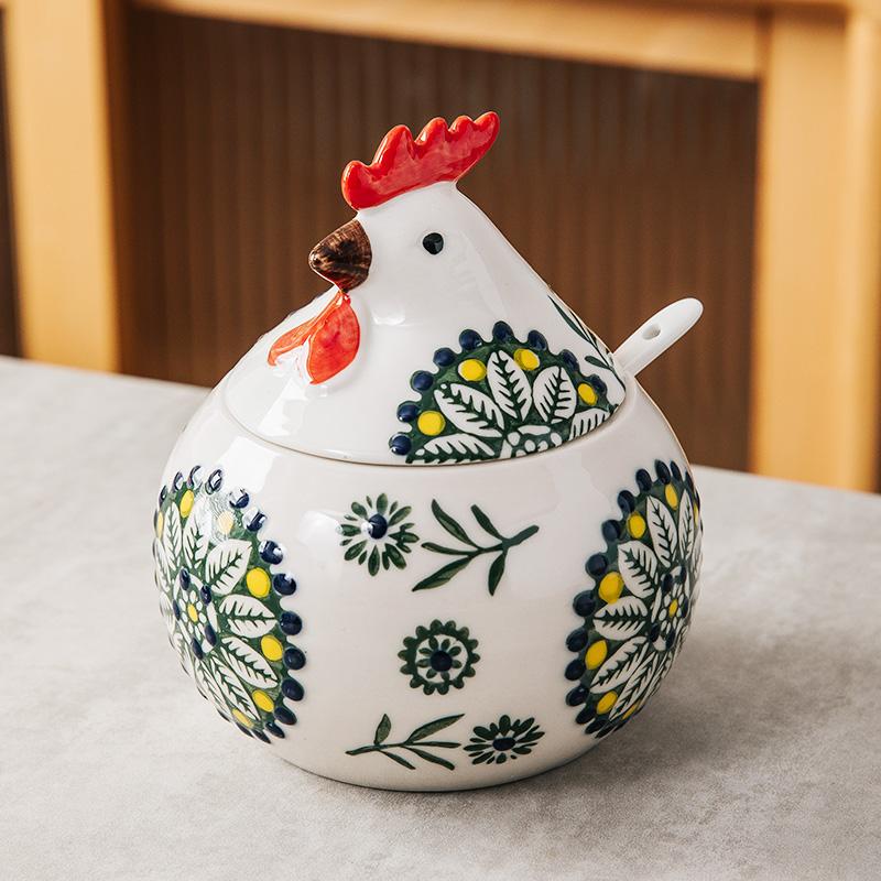 Creative Ceramic Seasoning Jar Rooster Seasoning Box Home with Lid Seasoning Box Pepper Salt Jar Moisture-proof Kitchen Tools