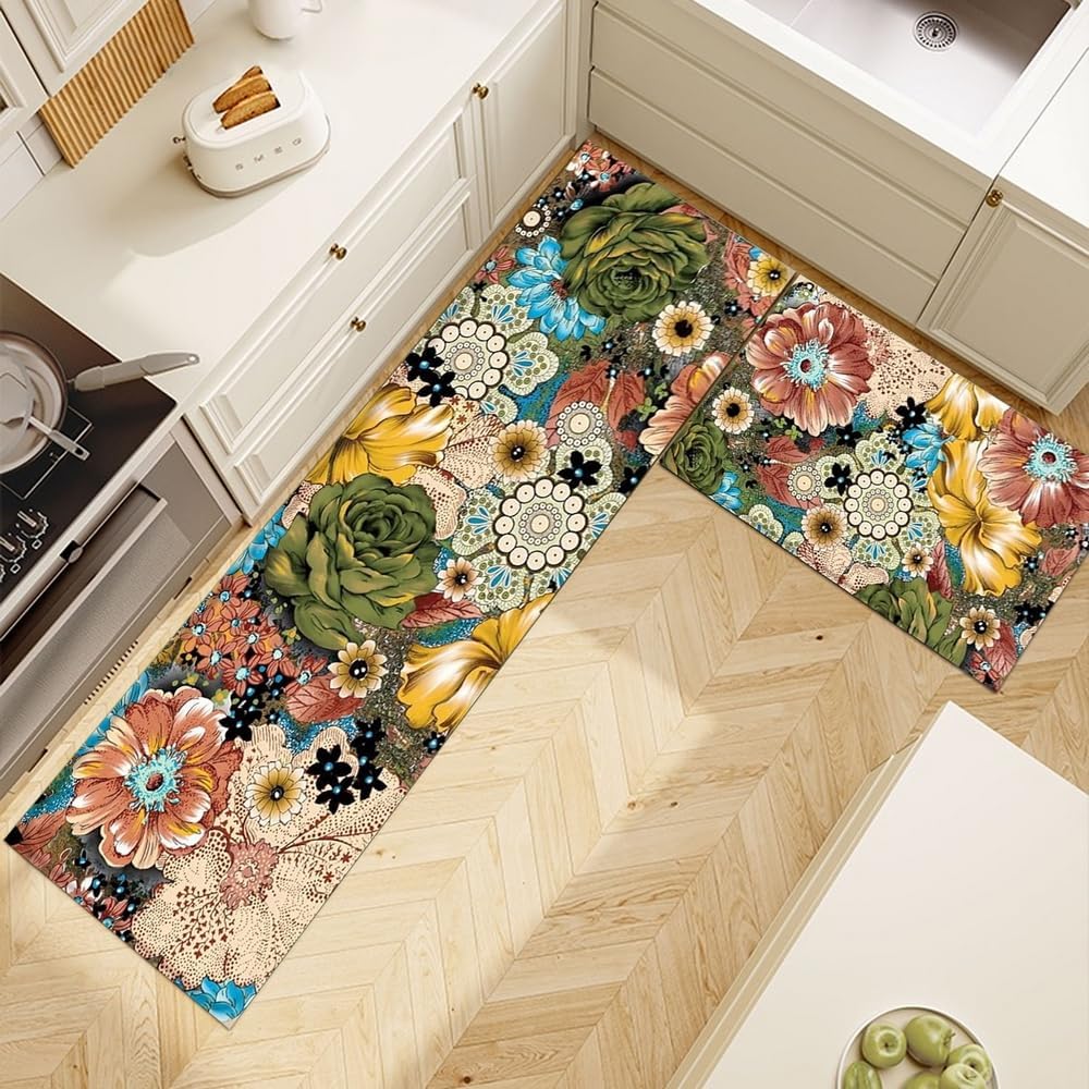 2 Stück Vintage Küchenbodenmatte Boho Floral Eingangsbereich Fußmatte Heimdekor Rutschfest Langer Streifen Kristall Samt Teppich
