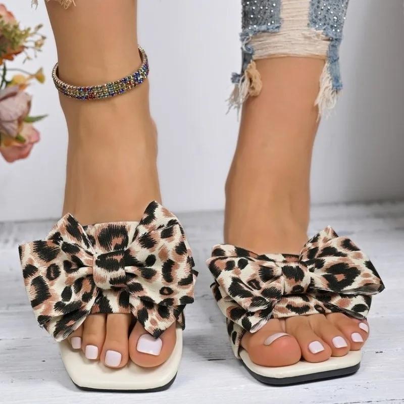 Fashion 2025 New Ladies Shoes Open Toe Women's Slippers Fashion Leopard Print Butterfly-knot Plus Size Best Seller Light Flat Slippers