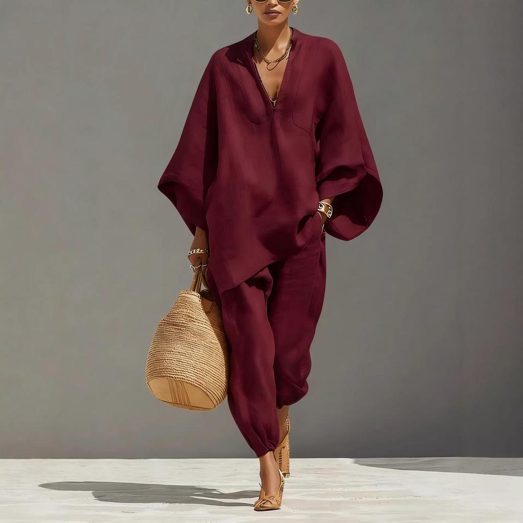 Beige V-Neck Long Sleeve Top and Wide Leg Pants Set