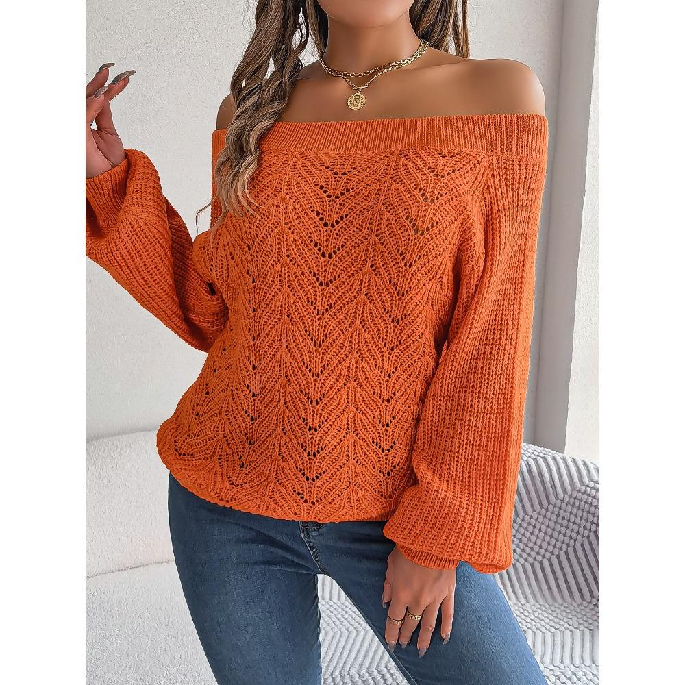 Autumn/Winter Ladies' Sweatshirt Casual Top Solid Colour Openwork Off-the-Shoulder Lantern Sleeve Knitted Jumper Women's Knitwear