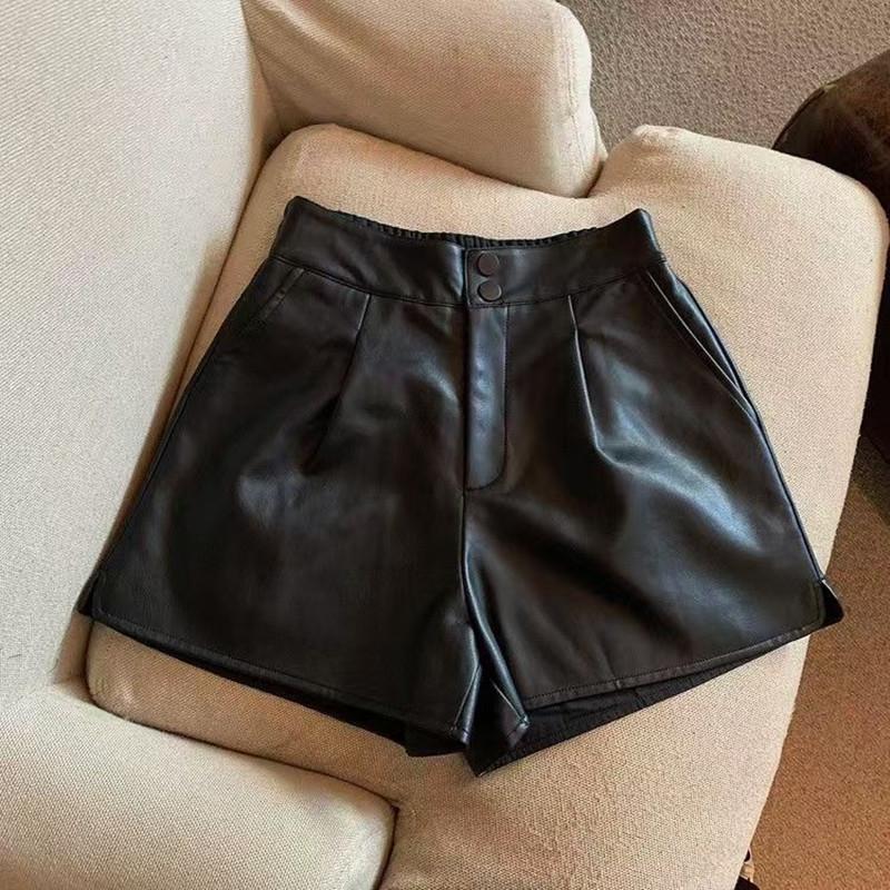 Dames Chique Mode Zijzakken Zwarte Kunstlederen Shorts Vintage Hoge Taille Ritssluiting Korte Broeken voor Vrouwen