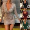 Women Party Dress Shiny Sequin Low-cut V Neck Long Sleeve Slim Fit Sheath Soft Pleated Above Knee Length Mini Dress Prom Banquet Evening Dress