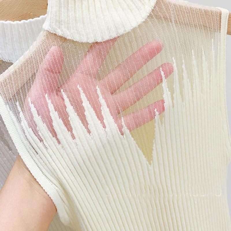 Summer Women Knitted Sleeveless T-shirt Mesh Hanging Neck Semi-high Neck Small Vest Female Undershirt Street Clothes