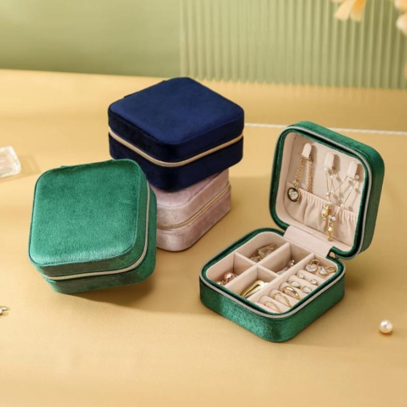 Velvet Jewelry Box For Women Necklace Ring Earrings Organizer Holder Travel Portable Zipper Square Jewelry Storage Case