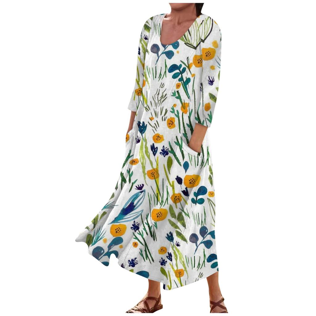 Women's Fashion Casual Print Round Neck 3/4 Sleeve Loose Pocket Dress