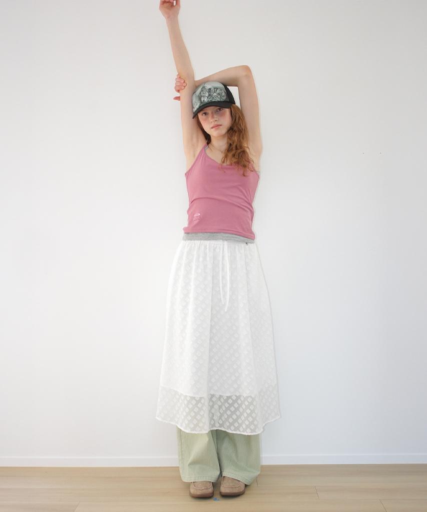 Ronron Sheer Pattern String Long Skirt Clover White