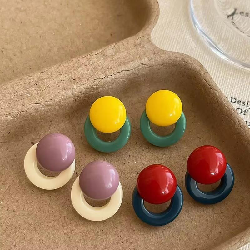 French Style Y2k Candy Color Round Circle Stud Color-blocking for Women Design Resin Geometric Vacation Style Earrings Jewelry