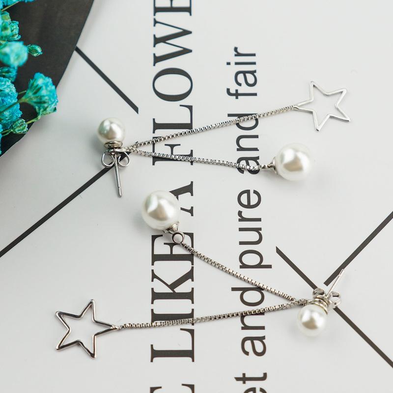 Tassel Pearl Pure Earrings Long Exaggerated Temperament Versatile Earrings Anti-allergic Five-pointed Star Earrings for Women