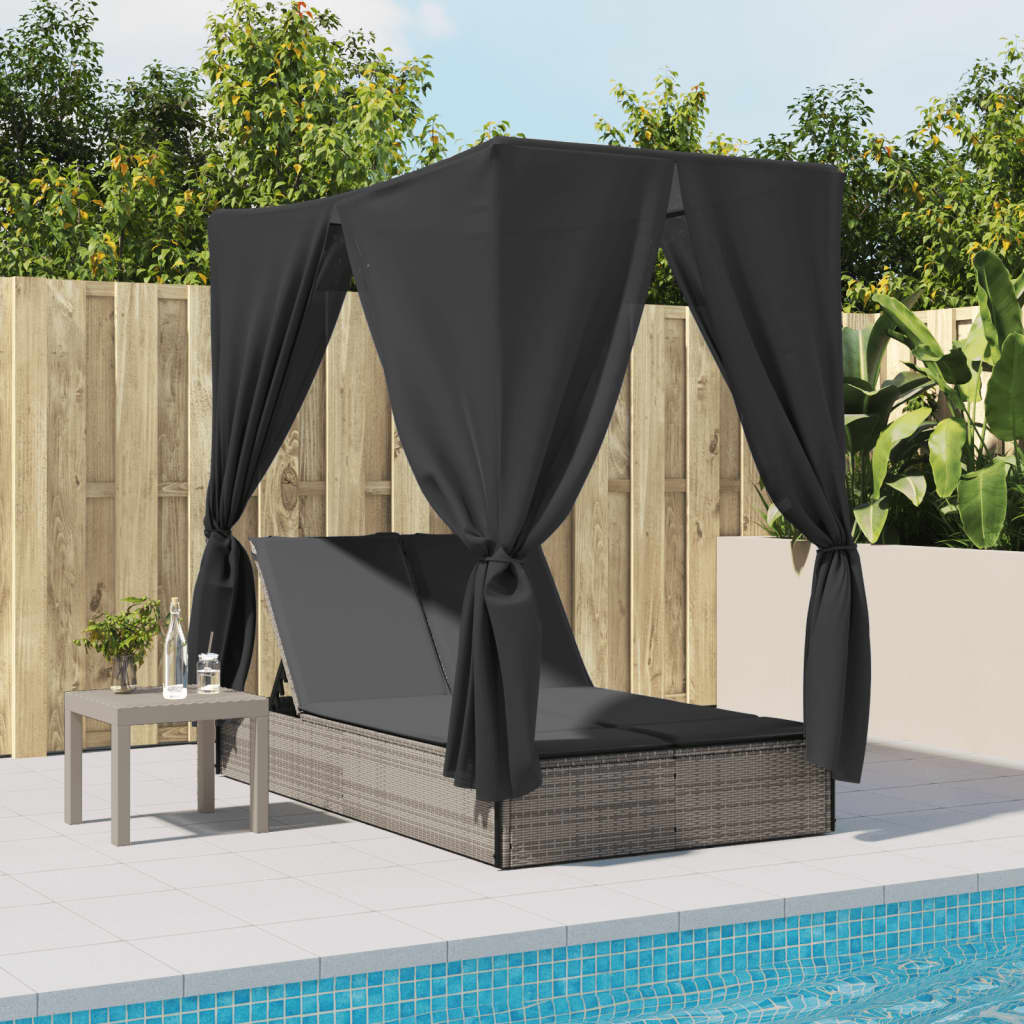 Vidaxl Double Sun Lounger with Canopy and Curtains, Grey Poly Rattan