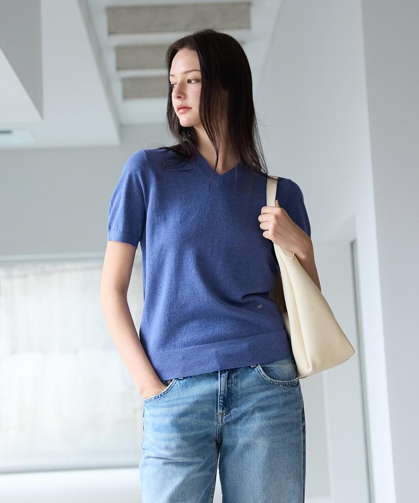 SHINE ON YOU Linen Cotton V-Neck Short Sleeve Knit - Denim