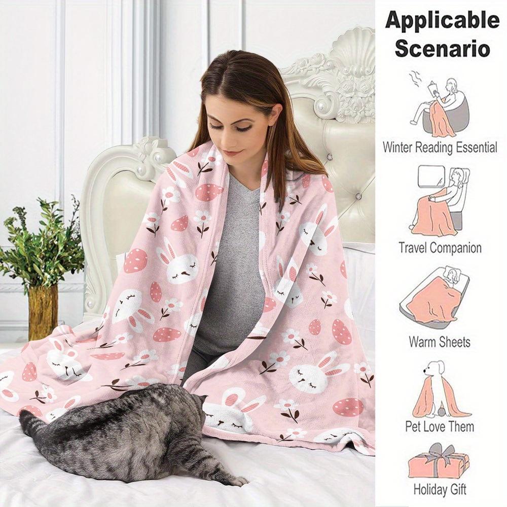 Pink Easter Bunny Egg Flannel Throw Blanket Cute Rabbit Floral Spring Holiday Soft Bed Blanket