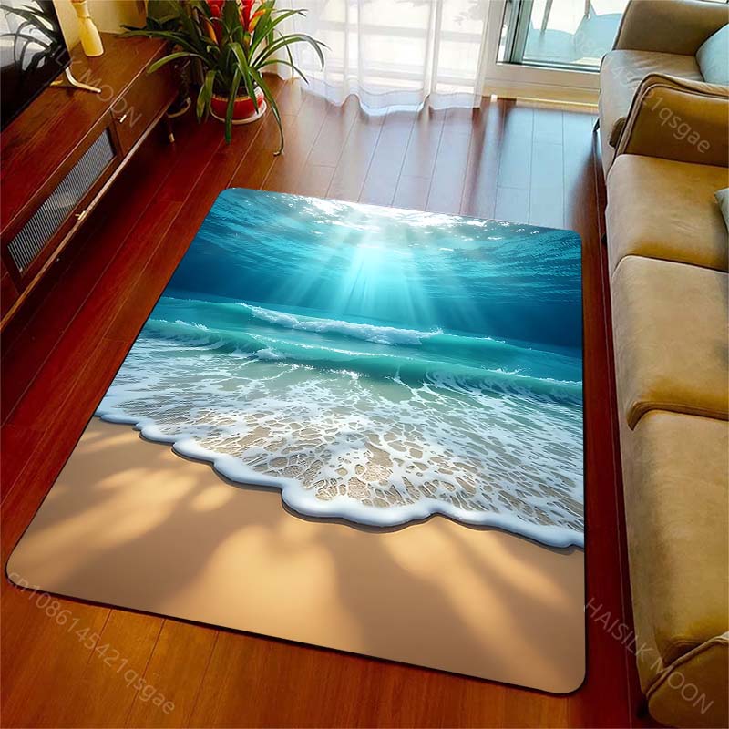 1 Stück Sonnenschein Strand und Wellen Druck Teppich für Wohnzimmer Schlafzimmer Sofa Fußmatte Heimdekoration Rutschfeste Bodenmatte