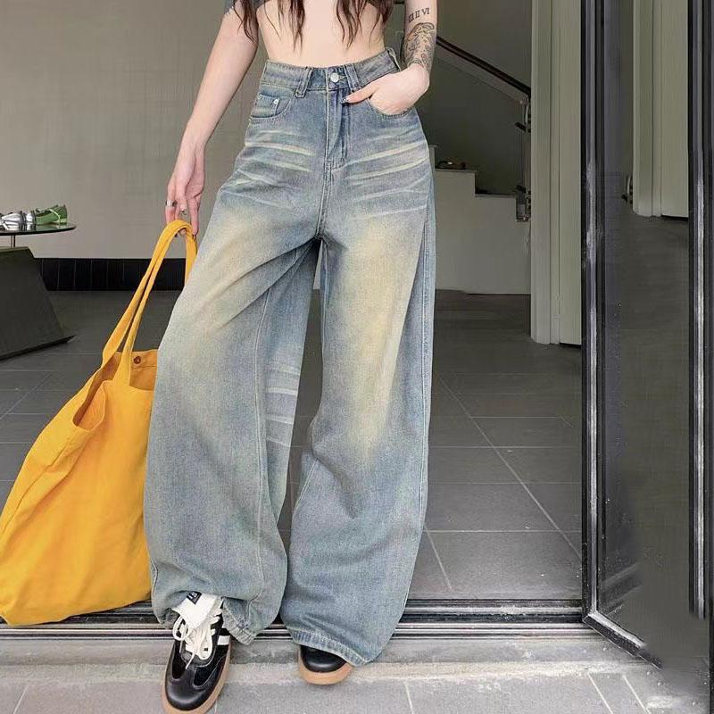Spring Autumn Vintage Chicly Button Jeans Women Baggy High Waisted Denim Pants Washed Y2K Wide Leg Jean Trousers
