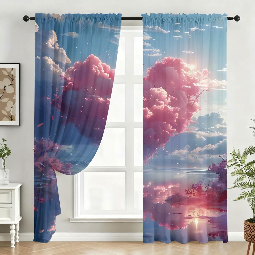 Ensemble de 2 Rideaux Dégradés Scène du Lac Fenyun Chambre à Coucher Salon Rêveur Apaisant Pochette à Œillets Décoration Rideau Polyester Idéal Pour le Salon