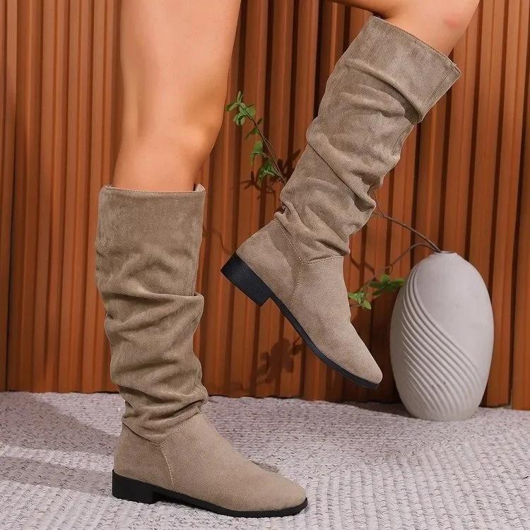 Women Knee-high Boots Fashion Suede Casual Long Tube Boots Non Slip Flat Boot Slim Fitting Long Boots Women Western Cowboy Boot