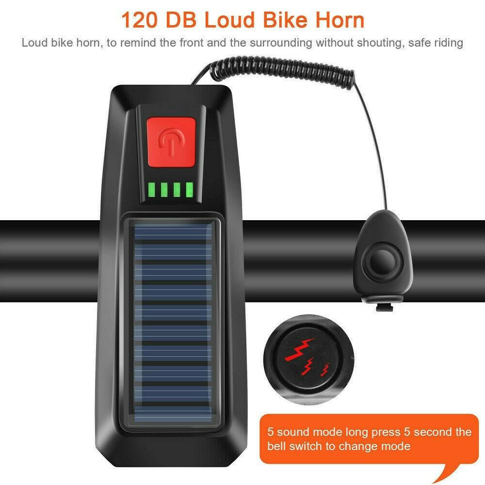 Solar Bike Light USB Rechargeable Waterproof Bike Light and Horn Set 3 Modes for Night Riding Gear