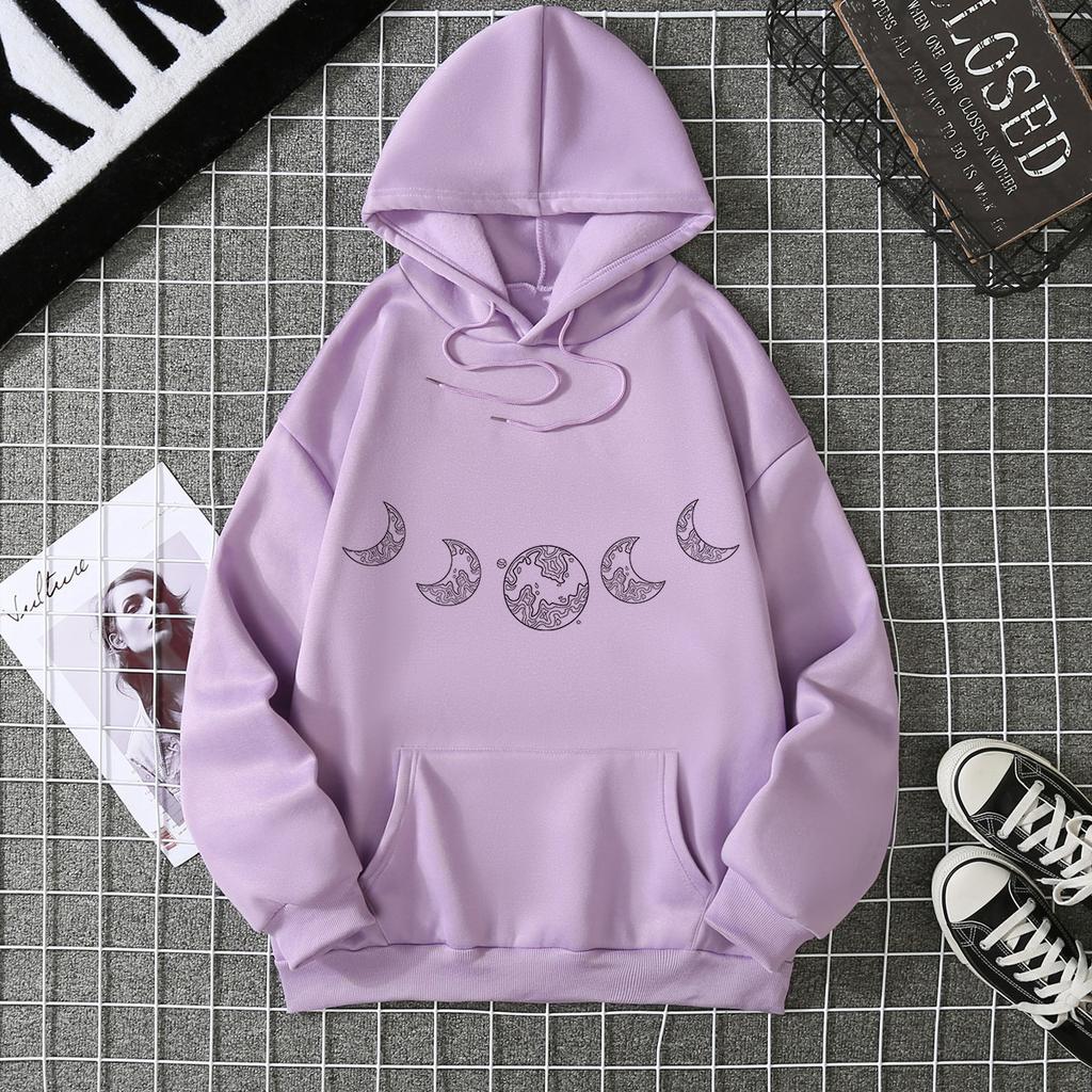Hot Casual Versatile Loose Hooded Moon Sweater Fleece Jacket Women's Clothing
