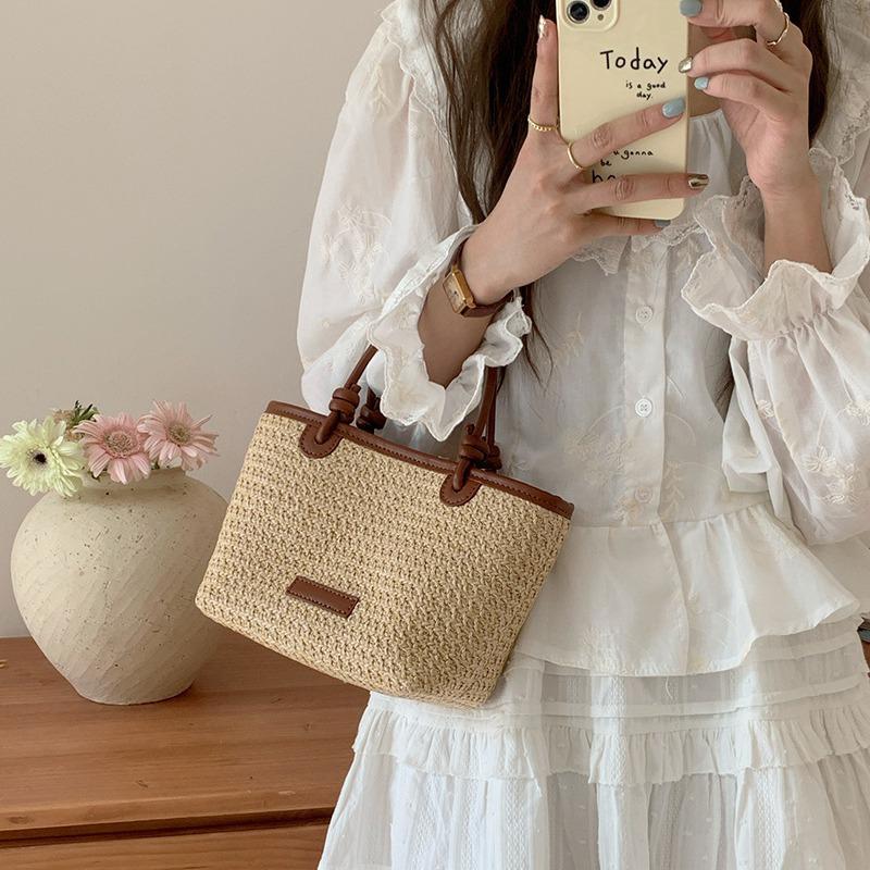 Borsa Estiva da Spiaggia in Paglia Intrecciata Borsa a Mano a Spalla Nuovo Stile alla Moda Borsa a Cestino Vegetale Intrecciata con Nodo in Corda Borsa Intrecciata