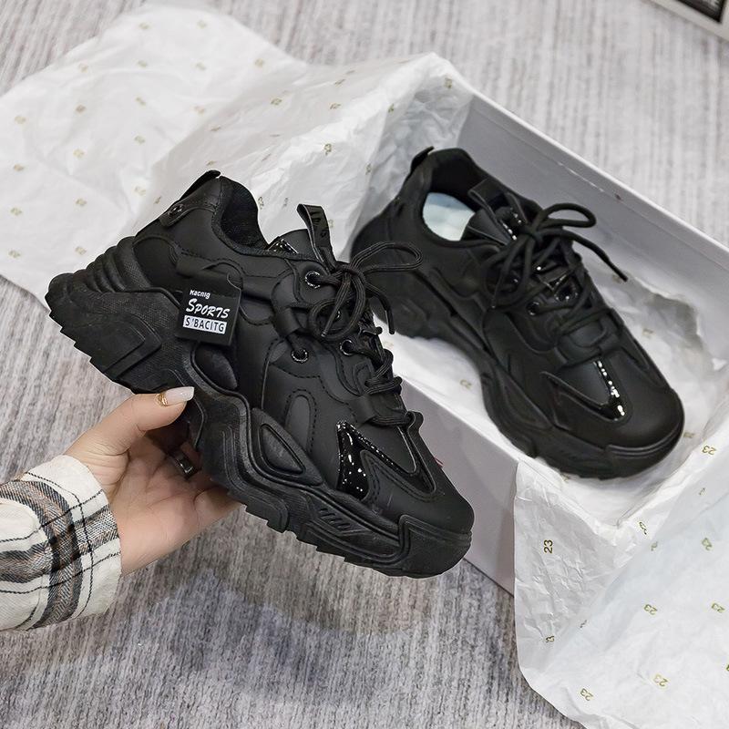 New Women's Shoes Platform Autumn Leather 2023 Versatile Black Casual Sneaker Solid Color Lace-up Vulcanize Shoes Tenis Feminino