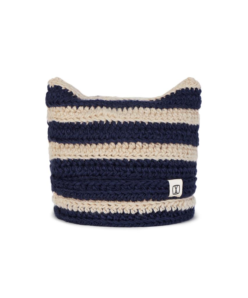 Bajal Square Label Striped Crochet Beanie Navy