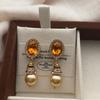 Oranje Edelsteen Parel Oorbellen, Oorbellen Ingelegd Met Diamanten, Retro Licht Luxe, Verfijnd Niche Ontwerp, Elegant En Nobele En Veelzijdig