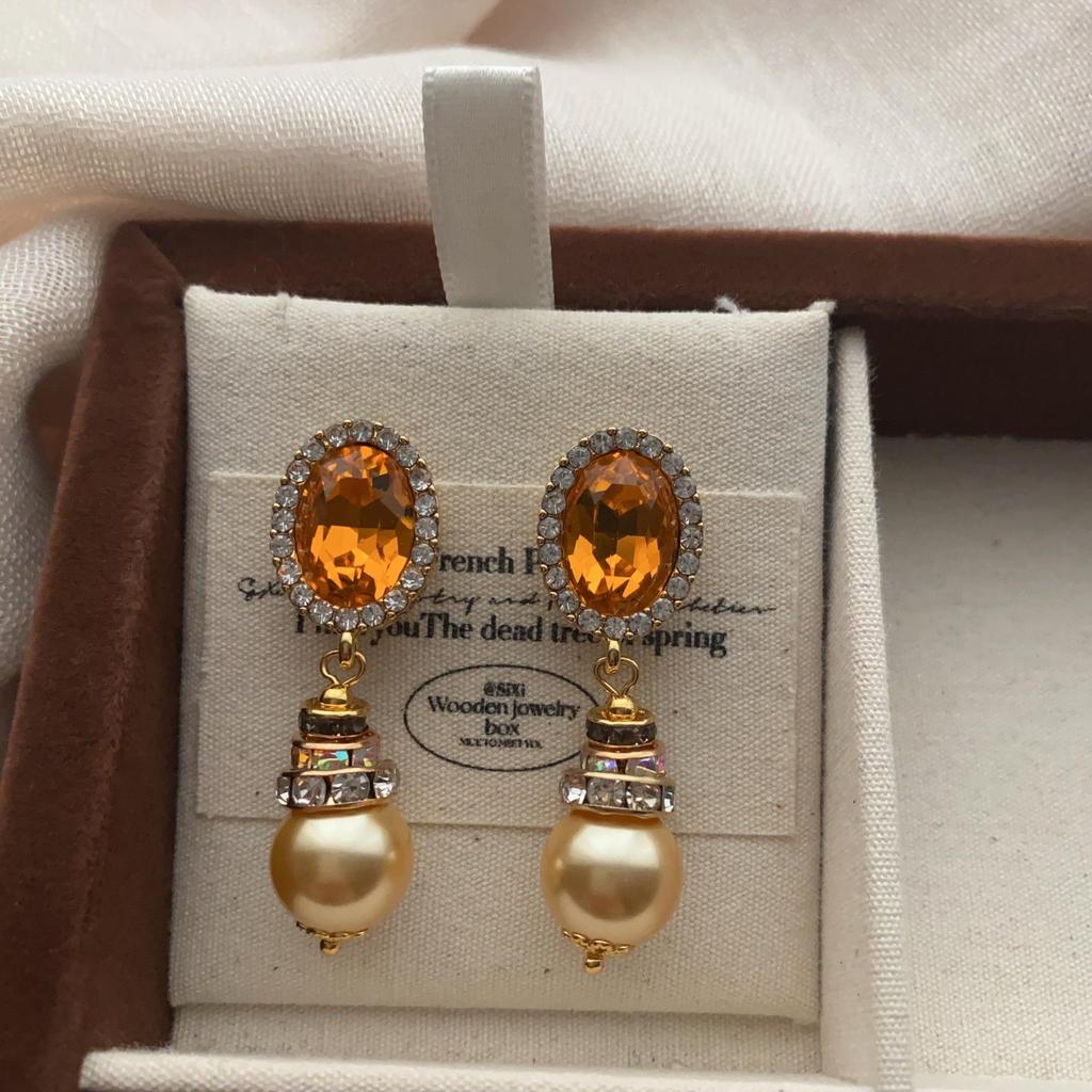 Oranje Edelsteen Parel Oorbellen, Oorbellen Ingelegd Met Diamanten, Retro Licht Luxe, Verfijnd Niche Ontwerp, Elegant En Nobele En Veelzijdig