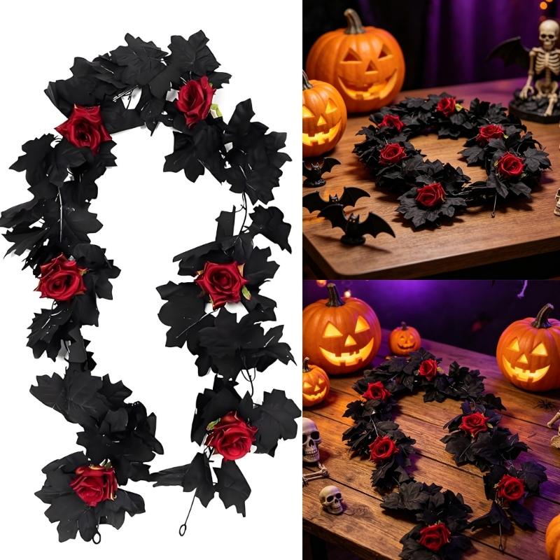 Halloween Black Maple Rose Chain, 65.98 Inch Silk Holiday Trim for Door Frame, Shelf, and Home Setting Indoor Use