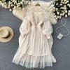Ladies Dress Three Dimensional Flower Hook Mesh Temperament Stand Collar Lantern Sleeve High Waist Slim Female Dresses
