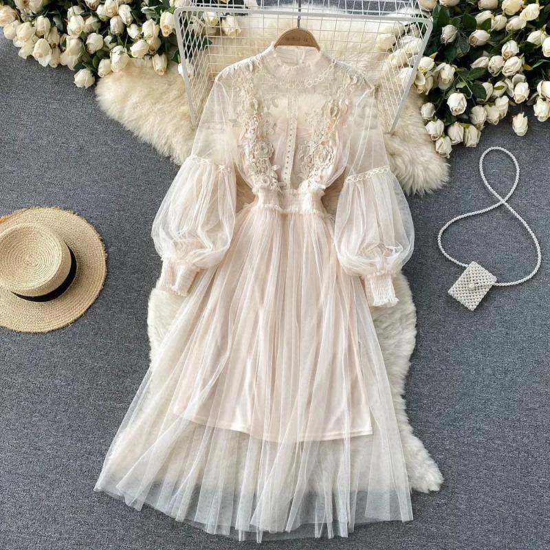 Ladies Dress Three Dimensional Flower Hook Mesh Temperament Stand Collar Lantern Sleeve High Waist Slim Female Dresses