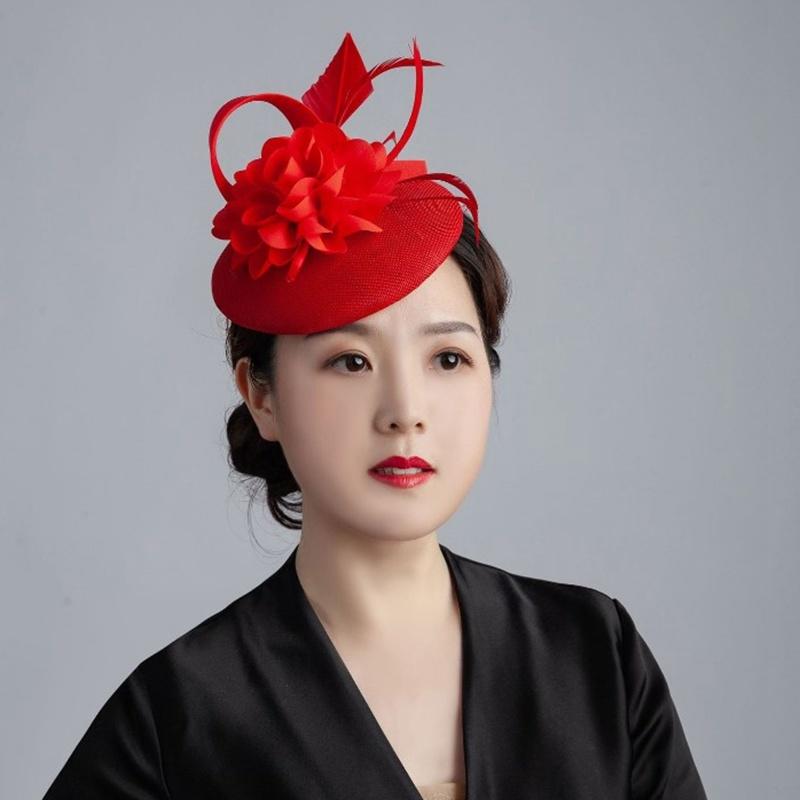 Women Formal Fedora Hat Mariage Bride Hairpins Ladies Elegant Feathers Fascinators Headband Church Sinamay Hat