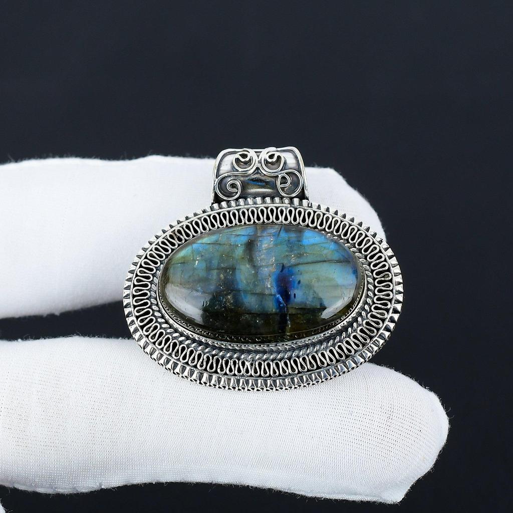 Natural Labradorite Gemstone Silver Pendant In 925 Sterling Silver- Handmade Design, Everyday Wear Jewelry, Antique Pendant Easter Gifts