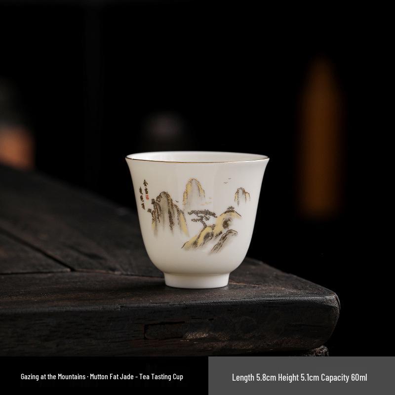 Jade Trim Sheep Fat Porcelain Tea Cup - Ceramic Kung Fu Master Cup