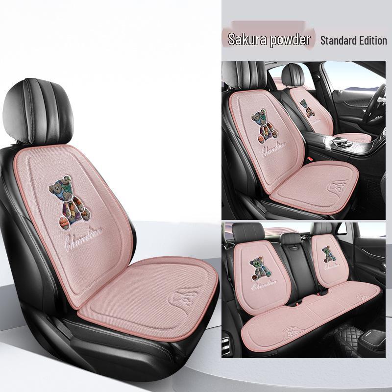 Cartoon Bear Jacquard Linen Car Seat Cushion - Breathable, Universal Fit