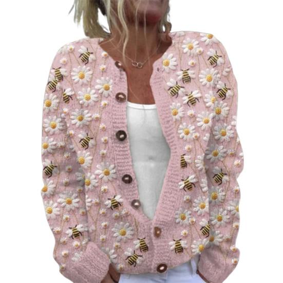 Women Sweater Cardigan Round Neck Long Sleeve 3D Flower Pattern Button Up Knit Jacket Thickened Warm Fall Winter Tops